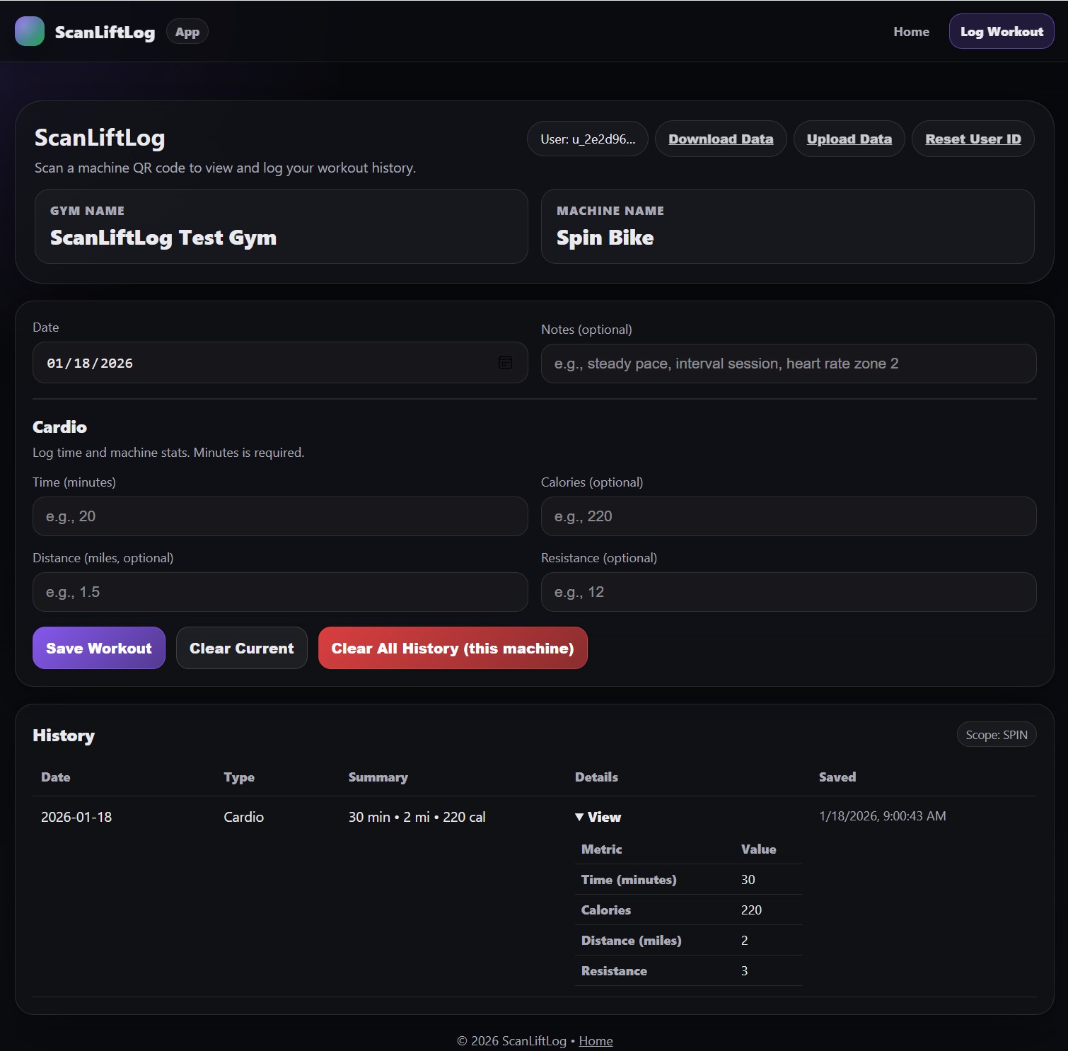 ScanLiftLog cardio logging UI