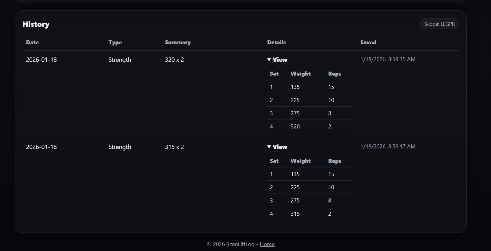 History screen showing saved workouts and set breakdown