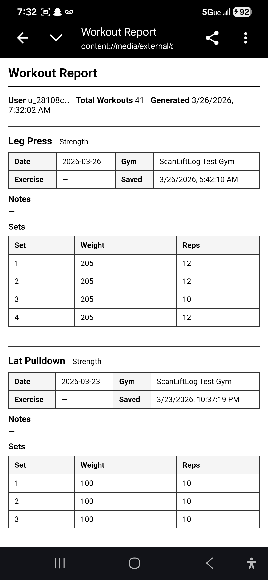Workout report screen showing downloadable report layout